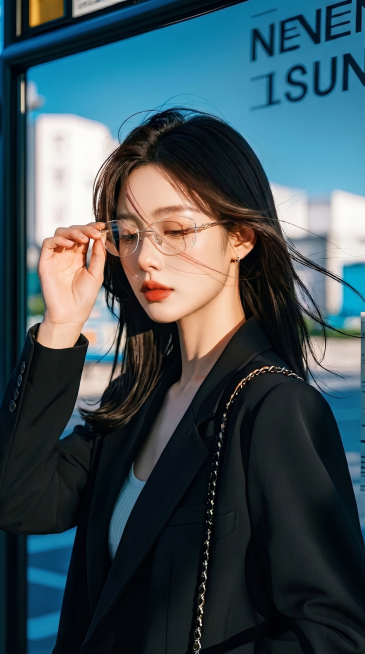 修改女主姿态，让女主微微低头，一只手扶着眼镜框，保持女主脸上现有的无框眼镜所有细节不改变，保持原场景和风格不变，生成9:16比例的图片预览效果