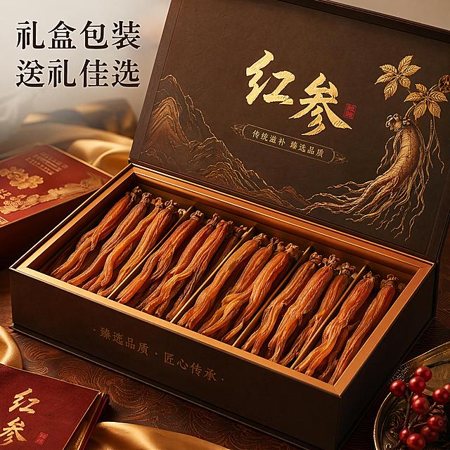 [主图-8] 红参干礼盒包装展示主图；
[氛围风格] 高档礼盒展示，突出送礼属性；
[质感] 商业产品摄影，质感高级，包装细节清晰；
[元素] 打开的红参干礼盒，内部红参干整齐摆放，展示礼盒内部结构，礼盒为中式烫金设计，整体大气高档。红参干保持与输入产品图一致的外观、结构、颜色，杜绝变形色差。商品主体占比约75%，画面满屏无边框。
[光影] 柔和均匀布光，突出礼盒烫金光泽和红参干纹理，质感高级；
[配色] 深棕礼盒搭配金色烫字，红参红棕色点缀，整体大气上档次；
[视角构图] 45度斜角打开礼盒展示，构图饱满，重点突出；
[文字版式] 左上小字“礼盒包装 送礼佳选”，深棕色粗体，不遮挡产品；
[比例分辨率] 1:1 比例，4k 分辨率；文字清晰锐利，画面超高清；
[负向提示词] 变形，文字错乱，产品图模糊，背景杂乱，水印，电商平台Logo，绝对化违禁词