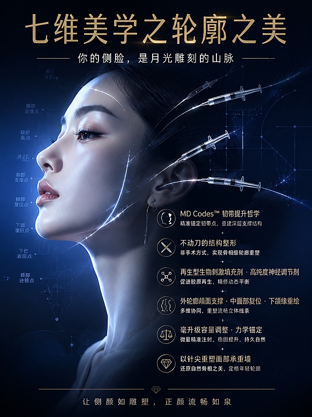 高端医美整形机构竖版海报，60x80cm竖版比例。画面左侧或中央是一位轮廓极美的东方女性侧脸，面部线条如雕塑般精致流畅，下颌缘清晰，鼻梁高挺，肌肤细腻无瑕，呈现月光下的冷白光泽，侧脸如月光雕刻的山脉。画面中 subtly 融入医疗针剂的元素：几支极细的医美注射器以优雅的弧线悬浮在面部轮廓旁，针尖处有微光粒子，暗示精准注射的轮廓塑造。背景为深邃的渐变蓝黑色，带有微弱的几何线条和光影结构，如同面部解剖美学的建筑骨架。整体风格极简高端、医学美学感、奢华冷调。

文字排版：
顶部主标题大字："七维美学之轮廓之美"
副标题："你的侧脸，是月光雕刻的山脉"
中部正文区域提炼核心要点：
"MD Codes™ 韧带提升哲学"
"不动刀的结构整形"
"再生型生物刺激填充剂 · 高纯度神经调节剂"
"外轮廓颅面支撑 · 中面部复位 · 下颌缘重绘"
"毫升级容量调整 · 力学锚定"
"以针尖重塑面部承重墙，还原自然骨相之美"
底部小字："让侧颜如雕塑，正颜流畅如泉"

版式精美，文字清晰易读，字体为高端纤细的无衬线字体，金色与白色文字搭配。画面中所有信息区域必须填充完整合理的内容，不得出现空白框或占位。高端医美品牌质感，电影级光影，2K超清画质。