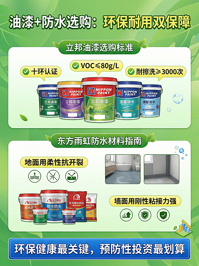 清新绿色背景，顶部标题“油漆+防水选购：环保耐用双保障”，上半部分展示立邦油漆桶，标注选购标准：十环认证、VOC≤80g/L、耐擦洗≥3000次；下半部分展示东方雨虹防水材料，标注“地面用柔性抗开裂，墙面用刚性粘接力强”，底部用蓝色字体强调“环保健康最关键，预防性投资最划算”，整体风格清新专业