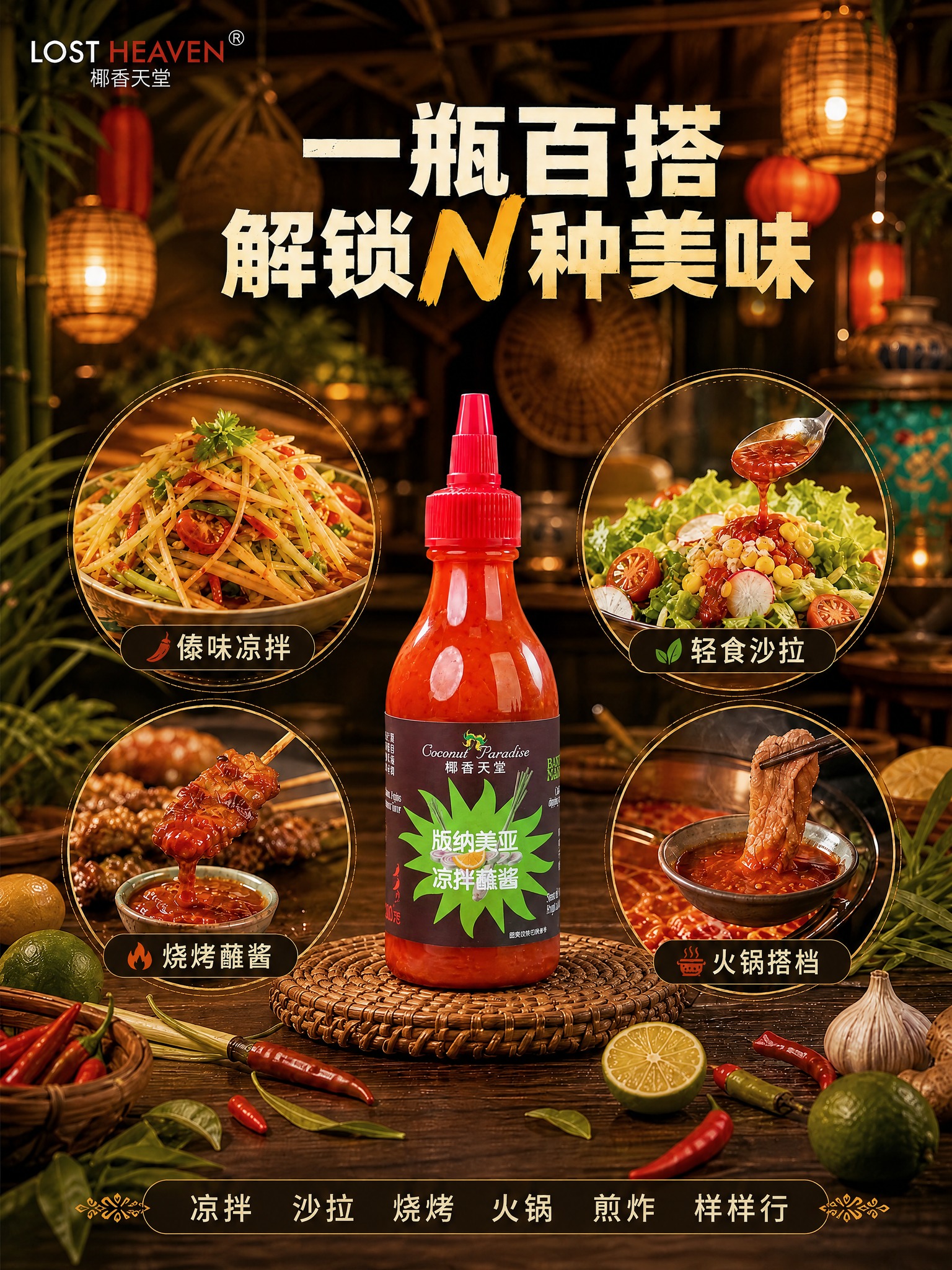 将图1中画面正中央的酱料瓶主体替换为图2中的那瓶酱料产品：保持… - 图片创意预览