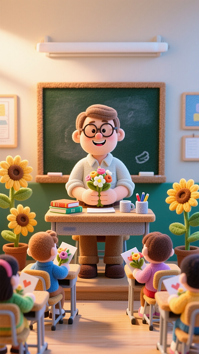 以卡通风格的教师为主角：戴着圆框眼镜，嘴角带笑，穿着毛毡材质的简约衬衫，袖口微微卷起，坐在教室讲台桌前，桌上有毛毡风格的书本、杯子、文具。讲台后是毛毡黑板。前方是几个穿不同衣服的毛毡风格的学生，手捧鲜花和贺卡。温馨课堂氛围。周围是迷你课桌椅、整体笼罩在柔和的暖光下，氛围温馨治愈，构图聚焦教师与向日葵，细节丰富且统一为毛毡手工感，微缩比例清晰可见。