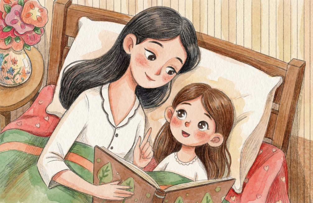 这是一张亲子阅读图，采用图片的内容，但画风变成手绘风格，要有艺术感，不要卡通风格预览效果