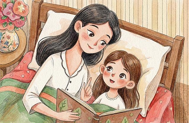 这是一张亲子阅读图，采用图片的内容，但画风变成手绘风格，要有艺术感，不要卡通风格
