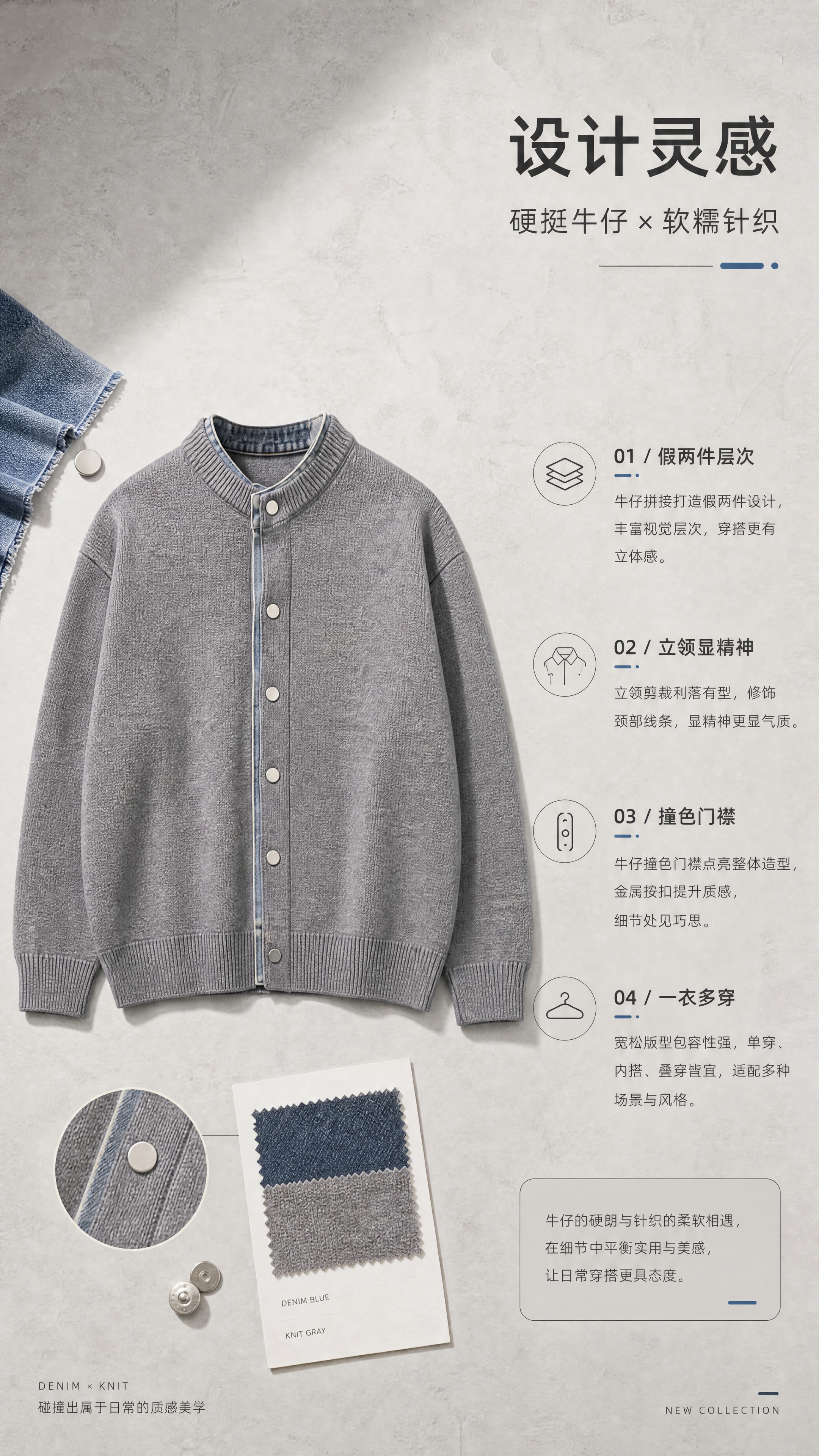 [商品] 使用【图1】灰色假两件牛仔拼接立领针织开衫；商品处理… - 图片创意预览