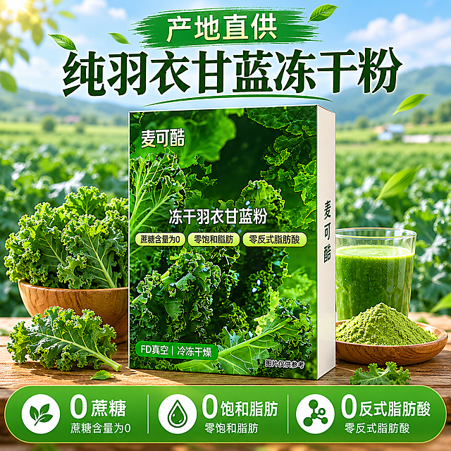 [主图3] 羽衣甘蓝冻干粉拼多多主图，采用产地直供场景版式，和过往所有版式都不同，突出商品盒子主体，强调健康三零卖点。保持麦可酷冻干羽衣甘蓝粉包装盒外观、文字信息与原图完全一致，包装盒放在画面前景居中位置占比55%，背景是一片真实羽衣甘蓝种植农田，绿油油的天然种植环境，虚化处理不抢主体。前景产品下方绿色横幅写三个卖点：0蔗糖 0饱和脂肪 0反式脂肪酸，顶部大字标题"产地直供纯羽衣甘蓝冻干粉"。自然户外阳光，整体清新自然健康氛围，1:1比例，2048x2048分辨率。负向提示词：变形，水印，文字错乱，产品图模糊，背景杂乱