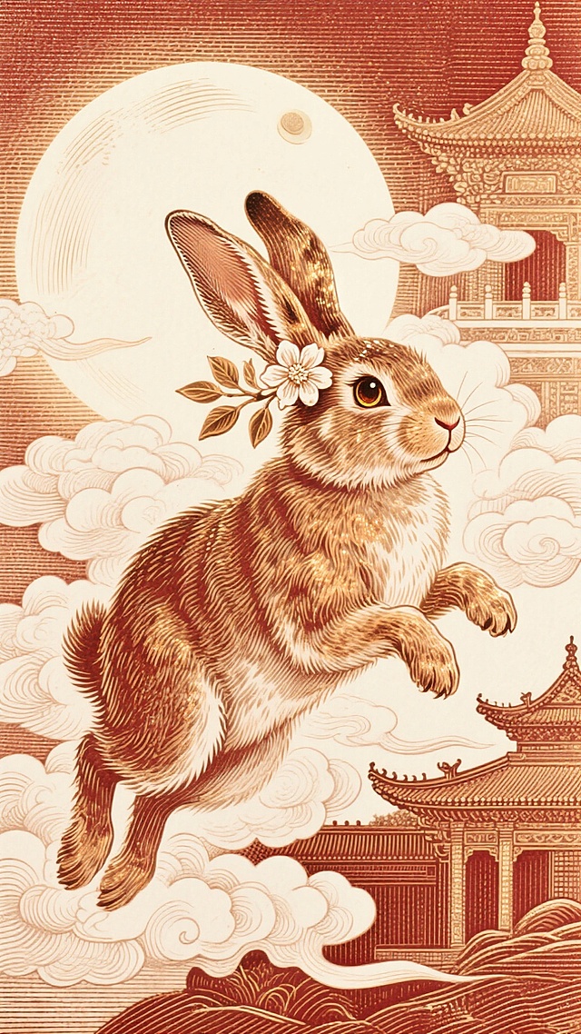 可爱兔子，耳朵上别着一朵桂花，正在奔月，非拟人姿态，周围围绕着祥云，背景是月亮和宫殿，铜版画工艺质感，红金色配色