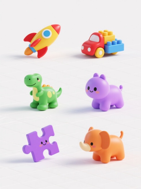 6个不同儿童玩具的3D渲染集合，包括黄色火箭造型玩具、红色卡通小车、蓝色积木套装、绿色恐龙玩偶、紫色益智拼图和橙色动物模型，均采用圆润可爱的造型设计，光滑的塑料质感，高饱和度的鲜艳色彩，柔和均匀的光影效果，无阴影纯白色背景，规整的网格排布，每个玩具独立展示且保持一致的卡通风格和视觉统一性，适合电商产品展示的素材集合。预览效果