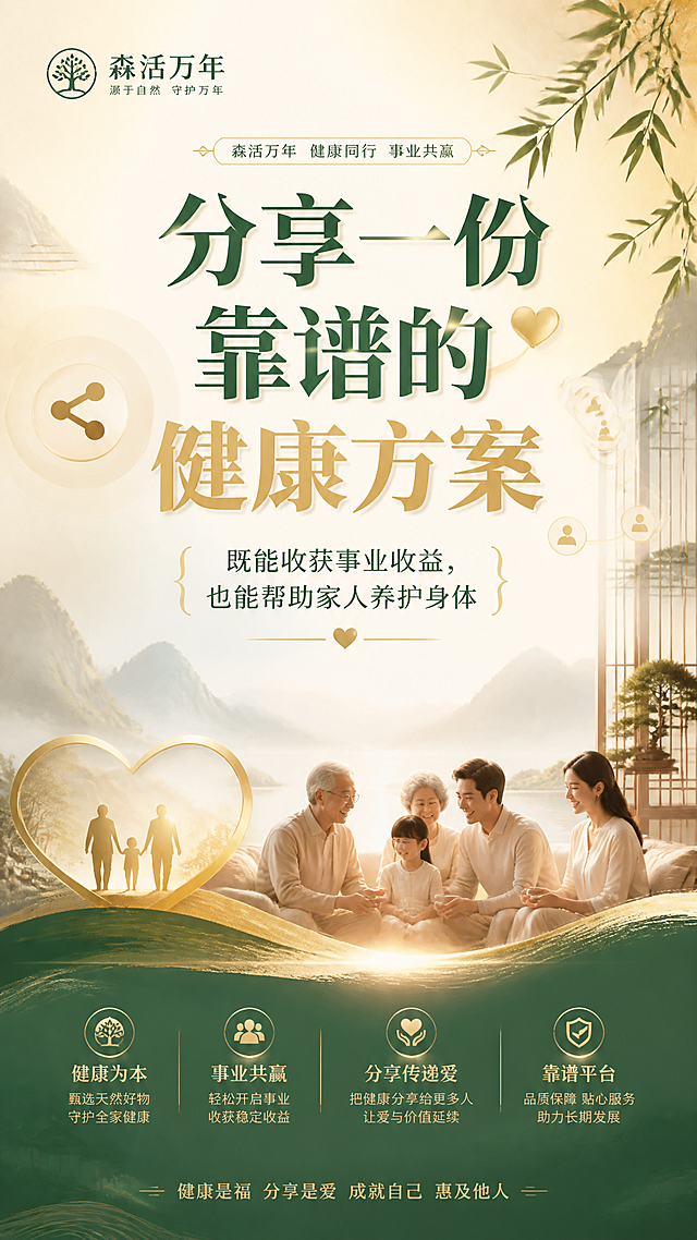 森活万年招商海报，新中式风格，温暖米金+绿色配色。画面中央大字"分享一份靠谱的健康方案"，深绿色+金色字体。下方小字"既能收获事业收益，也能帮助家人养护身体"。背景有分享/传播的图标、爱心、家庭温暖元素，走心有温度。竖版9:16构图。版式精美。无二维码。