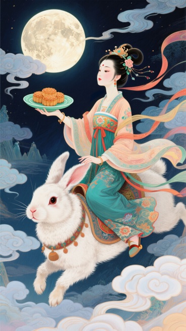 穿着色精美的汉服嫦娥骑在毛茸茸的玉兔背上，嫦娥上半身近景特写，右手托着盛满月饼的青瓷圆盘伸向前面，左手轻扶玉兔绒毛，强烈的仰视透视感，广角镜头，背景是缀着圆月的深色夜空，流云在身旁缓缓飘过。预览效果