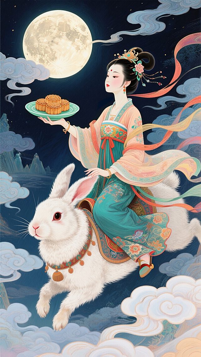 穿着色精美的汉服嫦娥骑在毛茸茸的玉兔背上，嫦娥上半身近景特写，右手托着盛满月饼的青瓷圆盘伸向前面，左手轻扶玉兔绒毛，强烈的仰视透视感，广角镜头，背景是缀着圆月的深色夜空，流云在身旁缓缓飘过。