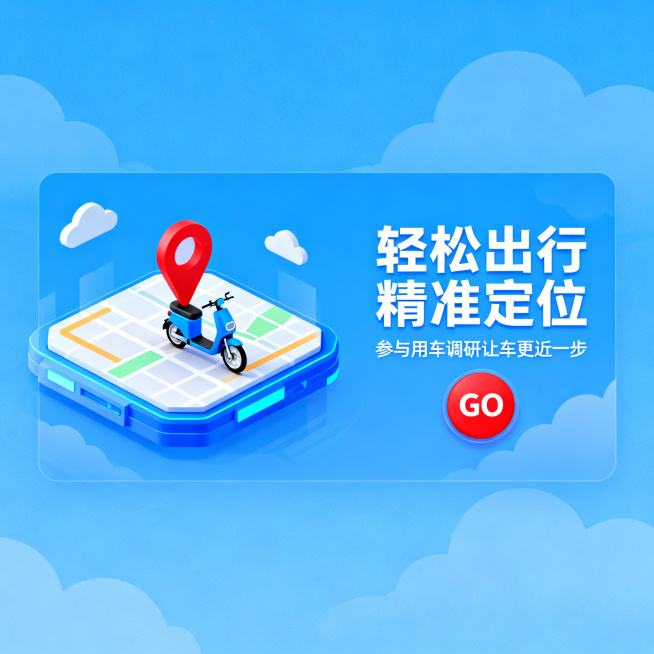 线上平台宣传横幅，明亮蓝色背景搭配淡淡云图案，风格活泼有吸引力。左侧是科技风3d立体地图平台，平台上有红色定位标和一辆蓝色电动自行车，营造骑电动车定位准确的氛围。右侧有醒目的红色圆形“GO”字按钮，核预览效果