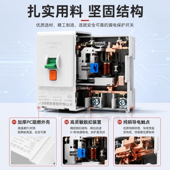 [第4屏] 结构材质解析页，漏电保护开关内部材质与工艺展示。本屏使用【图1】作为产品外观参考。
[氛围/风格] 专业解析风格，工业质感，清晰结构展示，科技蓝调。
[元素布局] 上半部分主体展示产品外壳预览效果