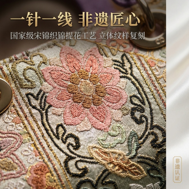 严格基于原图，聚焦包身宋锦提花的宝相花纹样，展示立体针脚和金属光泽细节。产品提花区域特写占据画面80%核心区域，画面左上角放置鎏金书法烫金体主标题"一针一线 非遗匠心"，主标题下方放置高端银灰衬线体副预览效果