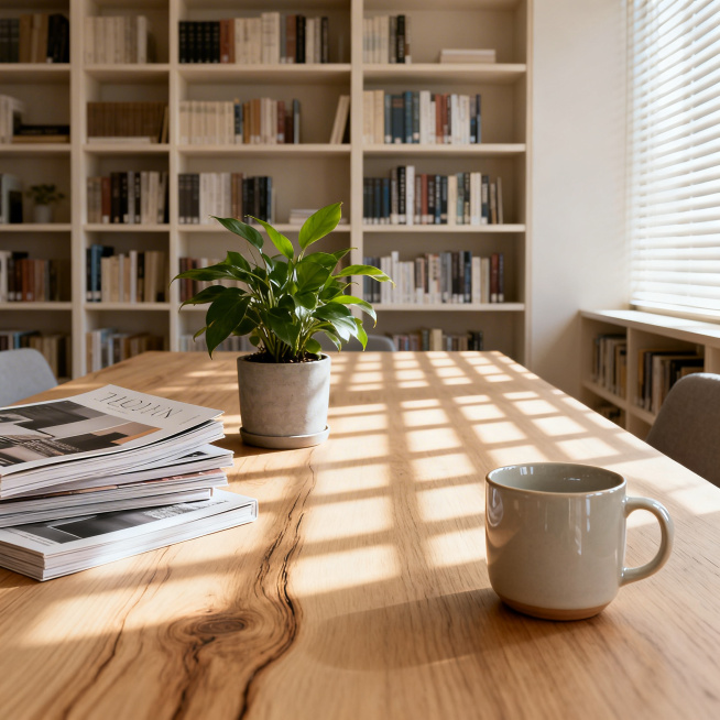北欧风格现代图书馆桌面，浅原木色桌面，摆放着绿植盆栽、陶瓷马克杯和几本堆叠的设计杂志，桌面上有自然木纹纹理，背景是整墙顶天立地浅色书架，阳光透过百叶窗洒下条状光影，整体清新自然，温暖舒适，现代北欧风预览效果