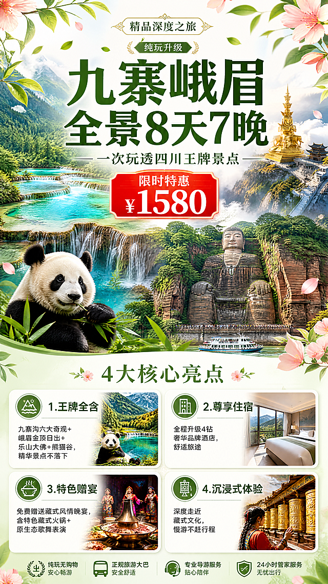 成都全景8天7晚精品深度之旅旅游详情长图首屏+亮点页，重点突出行程核心优势。整体清新自然，绿色搭配浅粉色花卉装饰，和参考版式一致。首屏主标题加粗大字体写"【九寨峨眉全景8天7晚】"，副标题写"一次玩透四川王牌景点"，红色醒目价格标注"限时特惠 ¥1580"。第二屏单独突出展示4大核心亮点：1. 「王牌全含」九寨沟六大奇观+峨眉金顶日出+乐山大佛+熊猫谷，精华景点不落下；2. 「尊享住宿」全程升级4钻奢华品牌酒店，舒适旅途；3. 「特色赠宴」免费赠送藏式风情晚宴，含特色藏式火锅+原生态歌舞表演；4. 「沉浸式体验」深度走近藏式文化，慢游不赶行程。每个亮点使用图标+加粗标题+短句说明，文字醒目清晰，排版层次分明，让亮点一目了然。整体9:16竖版，4K高清，文字清晰可读，自然风景真实，配色舒适。
