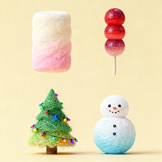 4 个素材，上下两行排齐，米黄背景。分别是棉花糖、糖葫芦、彩灯圣诞树、雪娃娃，冬日感。