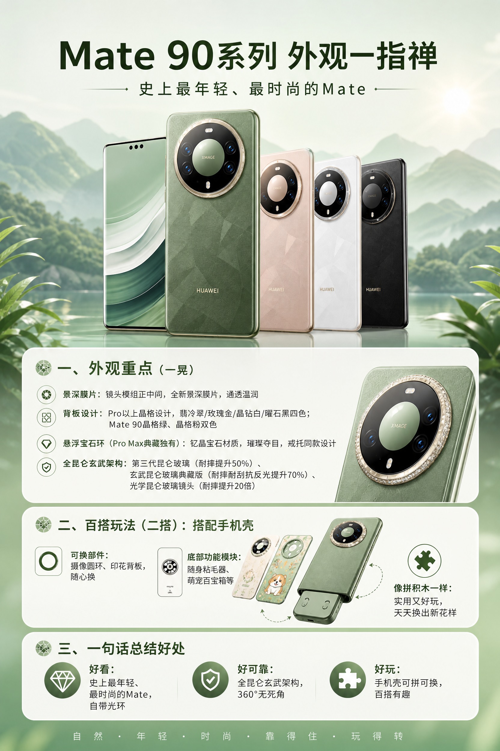 Mate 90系列手机外观卖点海报，2:3竖版，清新自然绿色系… - 图片创意预览