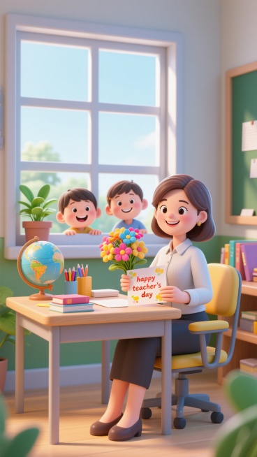 女老师坐在教师办公桌前，一手拿着一束鲜花另一只手拿着贺卡，贺卡上写着：happy teacher's day，桌子上有文具书本和地球仪等，桌子后面是一扇四格窗户，窗台上有一盆绿植，窗外两个可爱小朋友正预览效果
