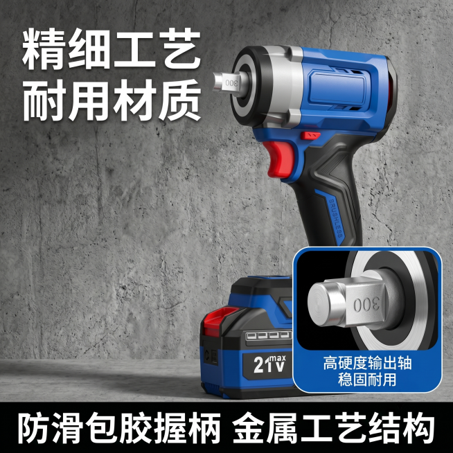 [主图-3] 锂电扳手工艺细节展示图，参考第三张参考图的构图风格，优化细节呈现。
[氛围风格] 工艺细节特写，突出材质耐用性，工业质感强烈。
[画质] 超高清微距摄影，细节纹理清晰锐利，金属质感真实。预览效果