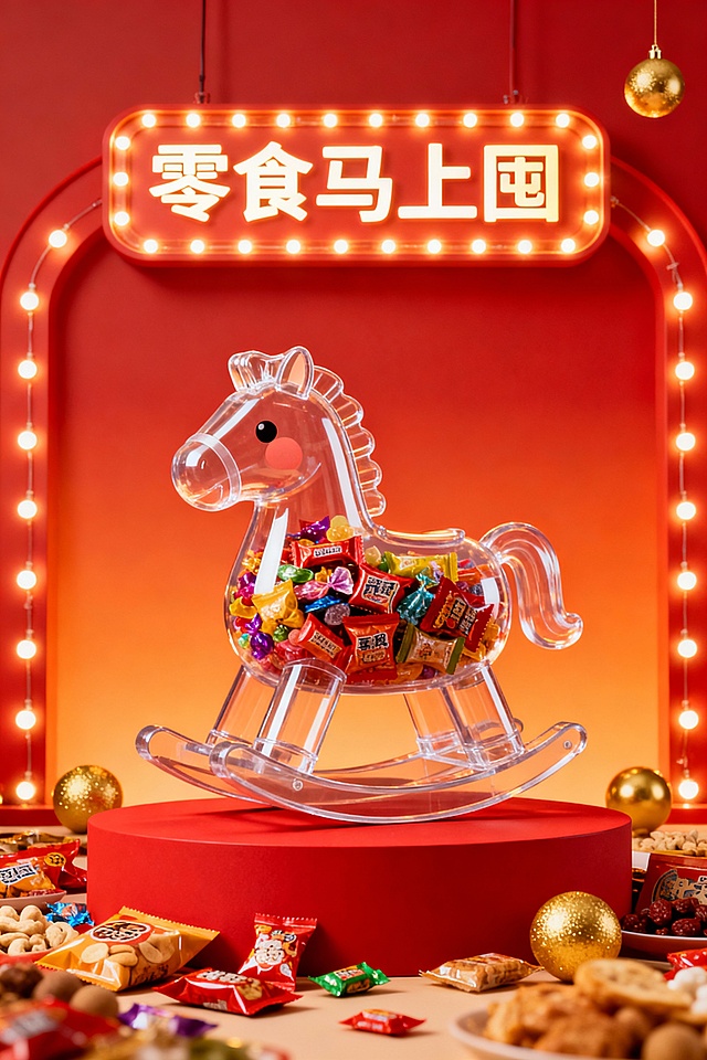 国潮风与轻拟物结合，透明塑料摇马盛满零食，霓虹灯牌“零食马上囤”点亮喜庆氛围，卡通感十足，趣味盎然，尽显节日欢愉。