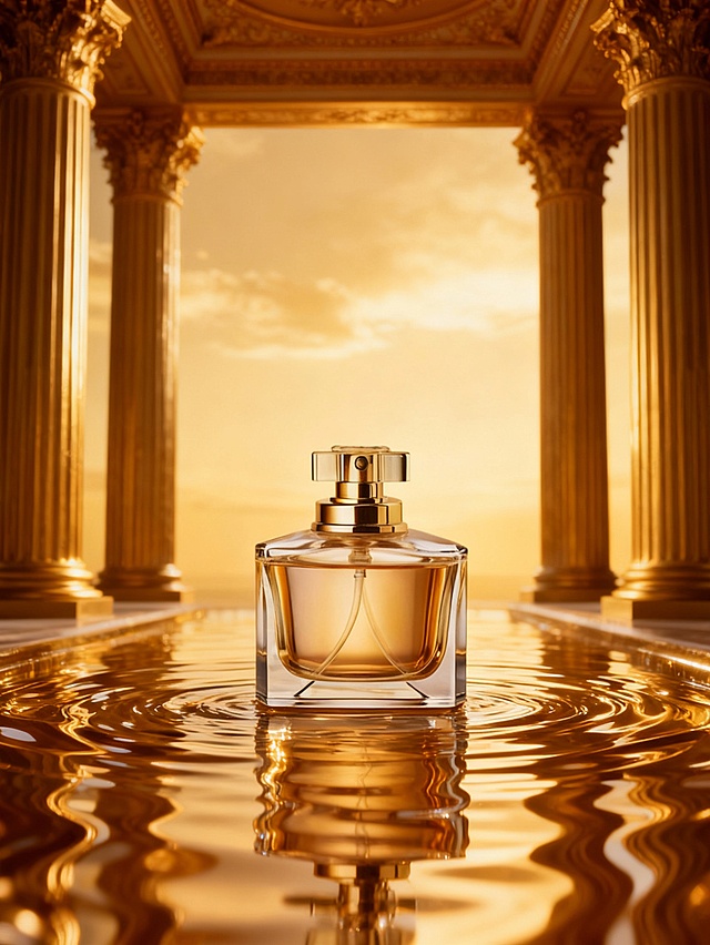 奢华宫廷风高端商业摄影风格，庄重高级的调性，画面整体明亮，采用全金色系（暖金、亮金）的高光泽配色，暖调浓郁的奢华光影；采用平视偏轻微仰视视角，对称居中构图；场景为金色欧式柱廊背景，前景是带有水波纹的金色液态镜面载体；主体位于画面正中央区域占画面约 40% 比例，放置在金色液态镜面载体的表面，背景是金色天空。出高端庄重的宫廷风产品氛围。