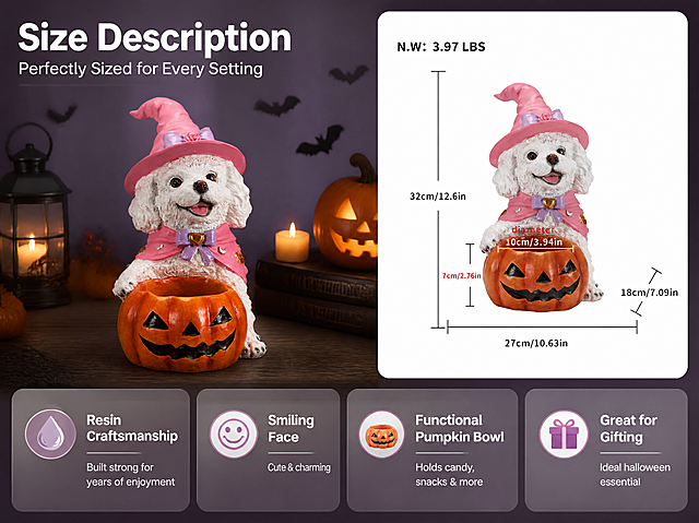 Amazon Basic A+ size description page, Halloween Puppy Candy Bowl Decoration, 600x450 pixels. Left side shows white puppy figurine with pink witch hat and cape holding jack-o'-lantern pumpkin bowl, sitting on dark wooden table surface with warm Halloween atmosphere. Right side displays the product size diagram with accurate measurement labels: height 32cm/12.6in, width 27cm/10.63in, pumpkin height 7cm/2.76in, pumpkin diameter 10cm/3.94in, base height 18cm/7.09in, N.W: 3.97 LBS. The size diagram shows the same white puppy figurine with clear dimension lines and labels. Top left title in bold white font: "Size Description", below it subtitle: "Perfectly Sized for Every Setting". Bottom section has four evenly spaced rounded feature cards with icons and text. First card with resin drop icon: title "Resin Craftsmanship", subtitle "Built strong for years of enjoyment". Second card with smiling face icon: title "Smiling Face", subtitle "Cute & charming". Third card with pumpkin bowl icon: title "Functional Pumpkin Bowl", subtitle "Holds candy, snacks & more". Fourth card with gift box icon: title "Great for Gifting", subtitle "Ideal halloween essential". Each feature card has a soft translucent purple background with rounded corners. Background is elegant deep purple gradient with subtle Halloween atmosphere, floating black bats silhouettes. Warm lighting, soft shadows, premium commercial photography feel. All text in English, clean modern sans-serif fonts. Layout: left product scene + right size diagram + bottom four feature cards. High definition, sharp details, realistic resin texture, premium high-end aesthetic.