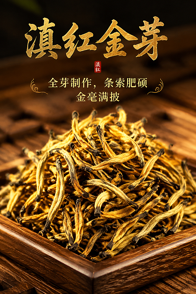 拼多多滇红金芽电商详情页，特写展示干茶条索，金毫显露，条索肥壮，芽叶完整，配文字：滇红金芽 全芽制作，条索肥硕 金毫满披，背景木质茶盘，突出干茶品质，风格大气