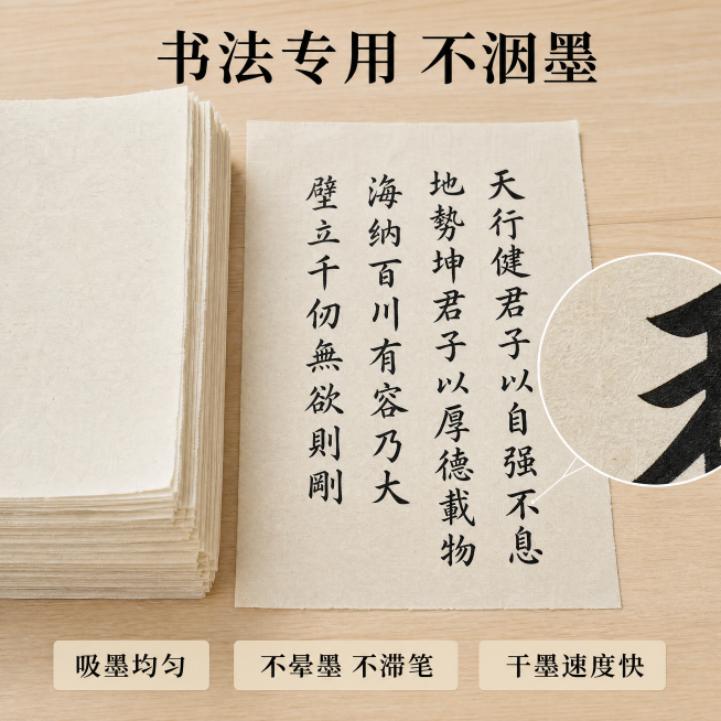[主图-2] 书法不洇墨核心卖点证明图，展示产品使用效果。
[氛围风格] 专业书法展示，简洁干净，突出实用性。
[画质] 商业摄影质感、光线柔和通透、产品清晰真实、画面干净高级。
[元素] 展开一张手预览效果