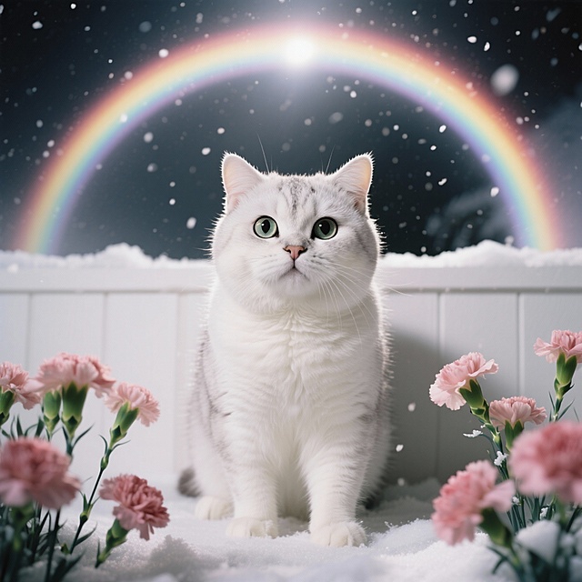 梦幻雪夜中，白猫静坐于粉花与彩虹之间，3D渲染呈现唯美感与超现实光影，毛发生长风细腻逼真，粒子飘雪增添柔和梦幻氛围。