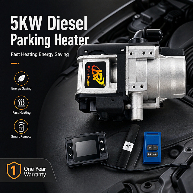 [Screen 1] Header, 5KW Diesel Parking Heater poster.
Style: Professional commercial auto photography, minimalist clean style, objective real shot, high definition.
Layout: Parking Heater in center-right (65% frame size), keep original silver/black structure, logo and accessories exactly. Dark gray engine compartment background, left blank for text.
Lighting: Upper left key light, right soft fill, natural shadow, highlight metallic 3D texture.
Color: Background #2C2C2C, silver+black main, orange/blue accents, white text.
Composition: 45° front view, clear hierarchy, product as center.
Text (all English, no Chinese): Left, "5KW Diesel Parking Heater" bold white title, "Fast Heating Energy Saving" subtitle, 3 icons: "Energy Saving", "Fast Heating", "Smart Remote", "One Year Warranty" corner tag, no text blocking product.
Spec: 1:1, 1000*1000, 4K, all text clear and readable.
Negative: deformation, wrong structure, color distortion, blurry, Chinese text, watermark.