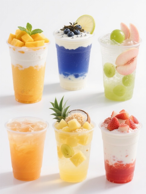 白色背景上，六款不同造型的水果茶饮系列素材规整排布，每款均保持高清晰、高饱和的写实摄影风格，展现透明塑料杯中分层的饮品质地与丰富的水果颗粒细节，光影自然柔和，杯壁带有细腻水珠质感；第一款为芒果椰奶饮品，底层橙黄色芒果泥，中层白色椰奶，顶部铺满金黄芒果块与薄荷叶；第二款是蓝莓芝士奶盖茶，深蓝色蓝莓汁打底，中层奶白色芝士奶盖，顶部撒有蓝莓碎与银色糖珠；第三款呈现青提养乐多，淡绿色青提汁混合透明气泡……预览效果