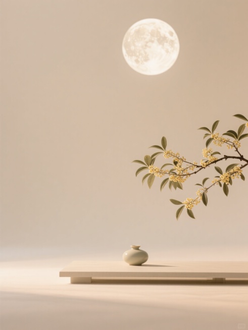 新中式美学，特写空场景图。背景为暖米色，一轮圆月，侧面点缀桂花树枝，地面有简约平台，淡雅诗意的氛围预览效果