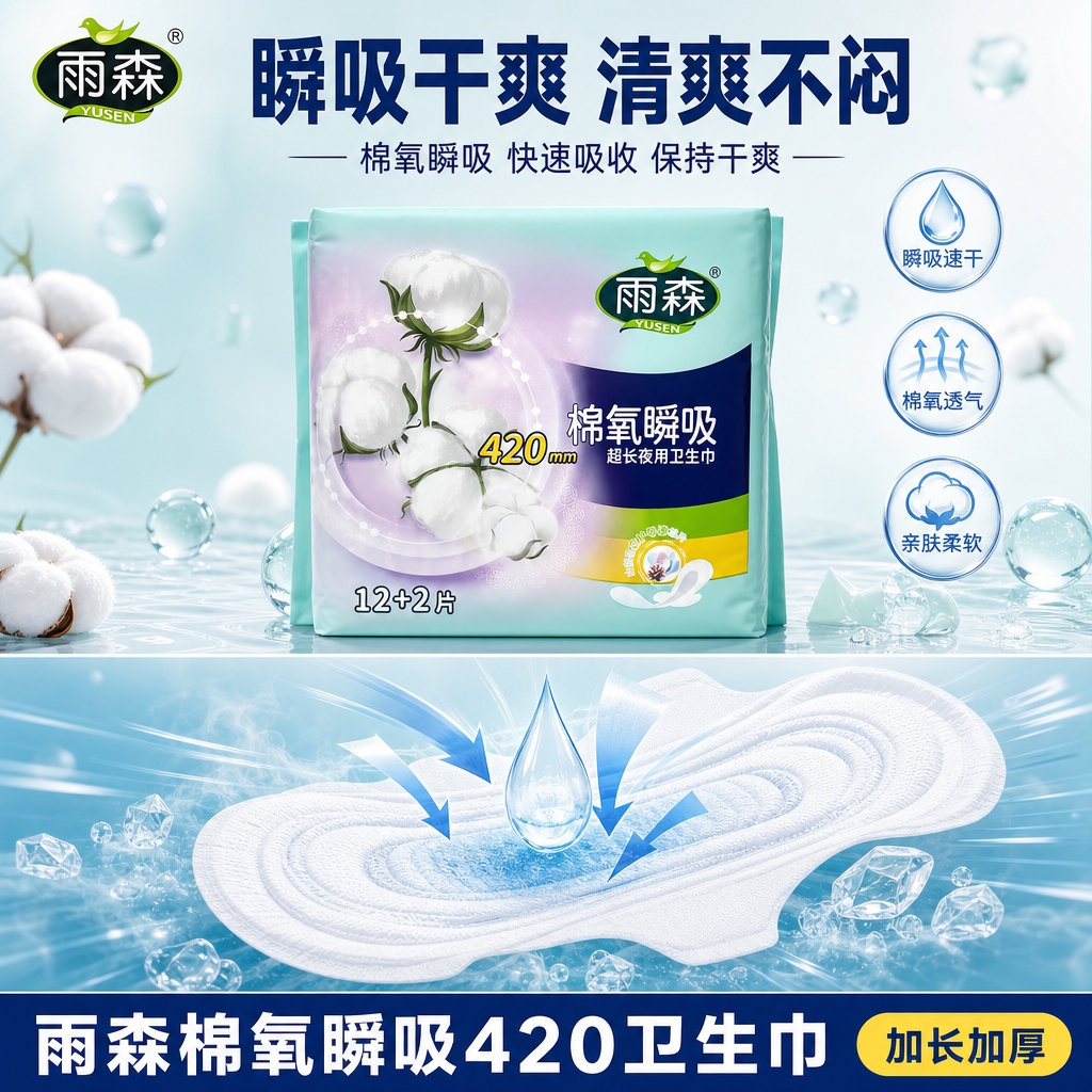 [主图-3 瞬吸干爽卖点图] 雨森棉氧瞬吸420卫生巾瞬吸干爽… - 图片创意预览
