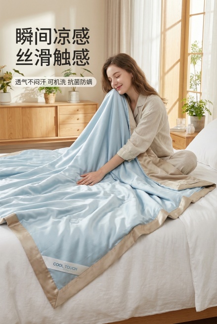 蚕丝冰丝夏凉被商品主图，冷感面料，瞬间凉感，透气不闷汗，轻薄柔软，可机洗，抗菌防螨，简约纯色，轻奢卧室风格，自然光，高清质感，展现人物体验的唯美质感，体现科技分析和柔润瞬凉，适配淘宝和抖音平台，参考图预览效果