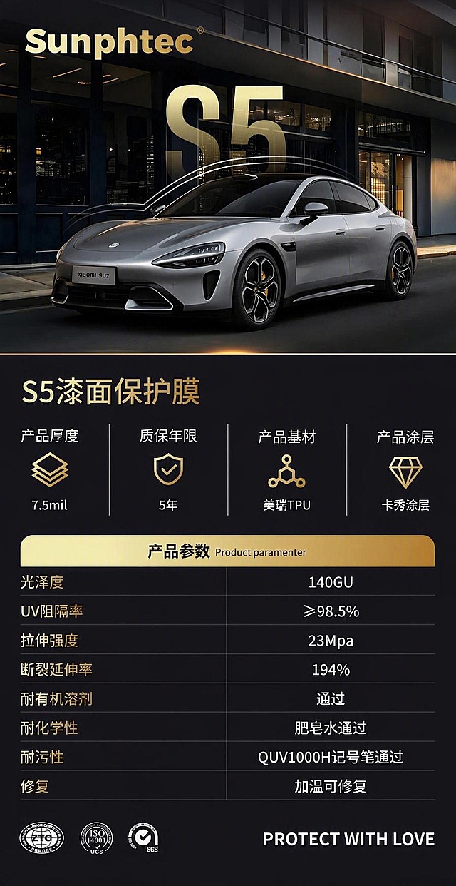 保持原图整体版式、黑金配色、字体样式、所有文字内容、图标、参数表格、底部认证标志和品牌布局完全不变，仅做两处修改：1. 将图中所有的“S3”文字改为“S5”，包括上方大的金色“S3”字样和标题处的“S3漆面保护膜”，字体样式、大小、金色质感和位置与原图完全一致；2. 将图中的白色保时捷轿跑更换为一台银色的豪华新能源轿车，车型为小米SU7样式，保持汽车的角度、光影效果、环境反射和在画面中的位置与原图一致，与背景夜景街道自然融合，整体高端质感不变