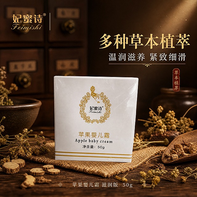 [主图-1] 首图品牌调性 棕色中药风草本植萃面霜主视觉
[统一基调] 整体风格为温润中药草本风，背景主色为深棕褐色渐变，点缀古朴中药柜、草本植物、干花、木质纹理等元素；标题字色为烫金色，辅助字色为米白色，强调色为暗金色；字体选用典雅细衬线体，字号层级分明；卡片和图标采用描金细线、古朴印章、草本纹样装饰。
[画面] 产品包装盒（妃蜜诗苹果婴儿霜 白色方盒配金色花纹与文字）居中偏下放置，占画面约55%，正面完整展示，略微仰视角度，盒底有柔和接触阴影。背景为深棕色中药铺风格，虚化的木质中药柜抽屉、铜拉手、麻布纹理，左上角放置妃蜜诗品牌金色Logo。产品周围散落少量干草本植物（甘草、黄芩、母菊等干花叶）、古朴陶碗、木质药勺，营造中药草本氛围。右上方有一束柔和侧光打在产品上，突出包装盒质感。
[光影质感] 高级商业静物摄影质感，主光来自右上方45度，形成柔和明暗过渡，包装盒表面有细腻反光，底部投影自然柔和，整体温润厚重，体现中药草本的专业与品质感。
[配色] 主背景深棕褐色渐变，产品白金色，点缀烫金色文字、米白辅助色、暗金色装饰线条。草本植物为自然枯黄色与深绿色。
[文字版式] 左上角放置妃蜜诗品牌Logo（烫金色细衬线体）。右侧上方主标题大字："多种草本植萃"（烫金色 粗衬线体），下方副标题："温润滋养 紧致细滑"（米白色 中号衬线体）。底部小字："苹果婴儿霜 滋润版 50g"（米白色 小号）。文字均放在右侧负空间，不遮挡产品主体。
[输出要求] 1:1正方形比例，2048x2048像素，文字清晰可读，产品清晰不变形，整体色调统一为棕色中药风。负向：禁止变形、错字、模糊、杂乱、水印、平台Logo、夸张功效宣称、医疗暗示。