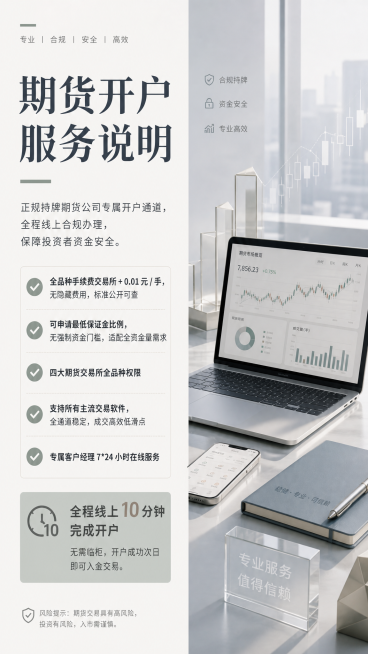 第二款莫兰迪低饱和商务风的期货开户服务宣传海报，简约高级，浅灰低饱和莫兰迪配色，商务金融质感。完整文案："期货开户服务说明 正规持牌期货公司专属开户通道，全程线上合规办理，保障投资者资金安全。✅ 全品预览效果
