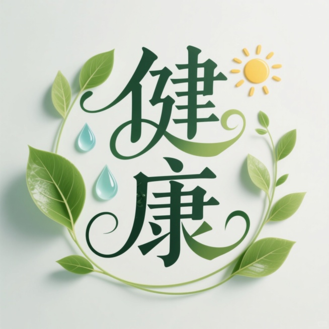 画面中央是艺术化设计的“健康”两个汉字，字体优美，笔画流畅，周围环绕着象征健康的元素，如绿叶、水滴、阳光，整体色调清新自然，充满生机与活力，背景简洁，突出主题文字和健康元素的搭配预览效果