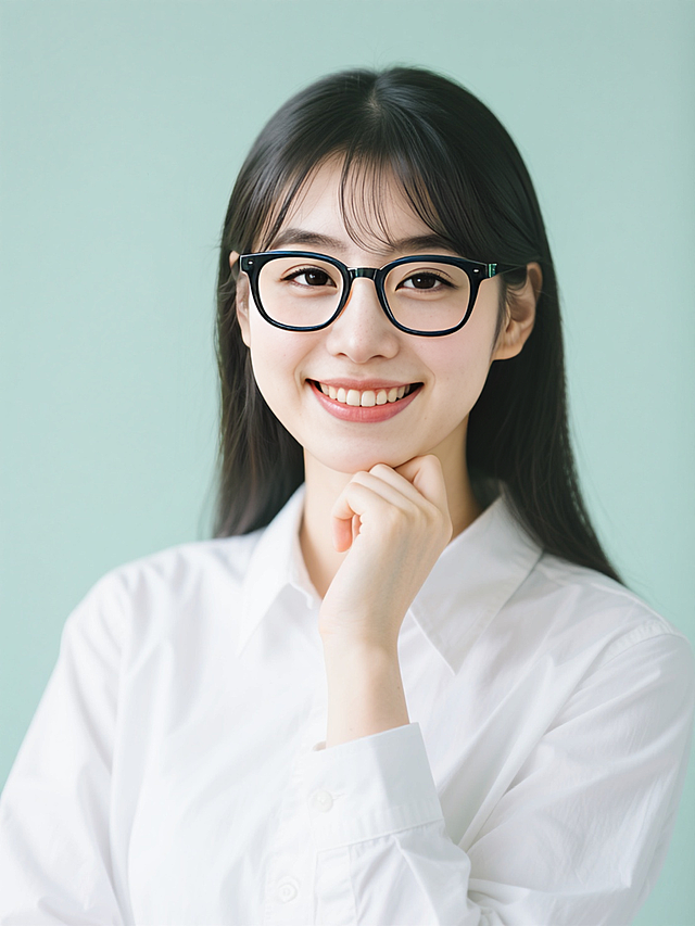 女性讲师职业形象，戴黑框眼镜、穿白色休闲衬衫，手搭着下巴在思考，正面半身照，看镜头微笑，浅绿色调背景