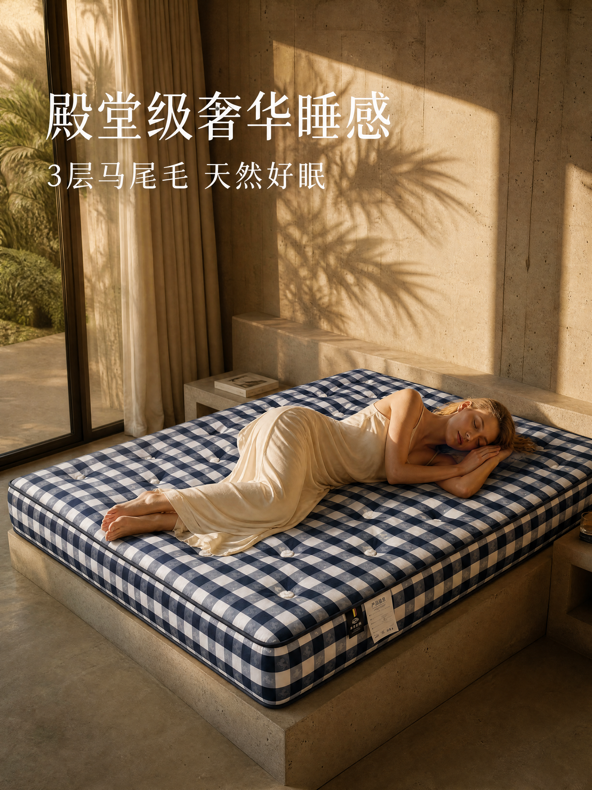 将【图1】的蓝白格纹床垫放到【图6】的侘寂风卧室场景中，保留床… - 图片创意预览