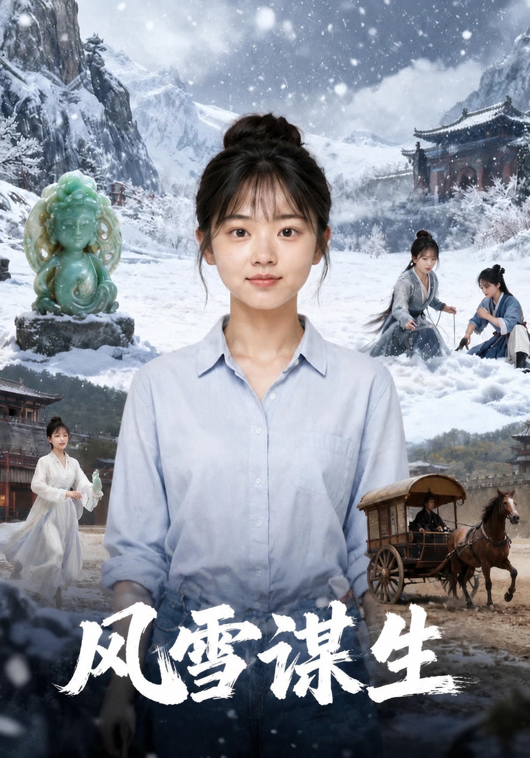 去掉图片底部原文字，替换为毛笔书法风格的白色文字"风雪谋生"，… - 图片创意预览