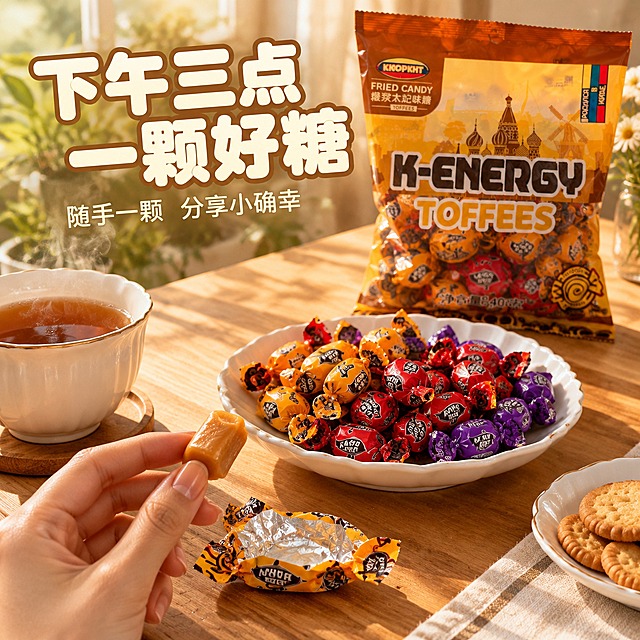 [主图-4] 商品名称：K-ENERGY 俄罗斯风味太妃糖（408克袋装）。主题与唯一任务：真实使用场景图，用居家下午茶的第一人称视角表现随手吃糖的松弛体验，只出现局部成年女性手部。
[统一基调] 整体为暖调食欲系商业美食摄影，背景主色采用暖橙棕到琥珀黄的柔和渐变，标题字色奶白 #FFF4E0 并带极细深棕描边，辅助文字用浅奶白 #F6E3C0，强调色为金黄 #F5A623 与暖橙红 #E2622B；主标题统一使用同一款粗壮圆头黑体，说明文字统一使用同一款细黑体，只做字号层级变化，不混用衬线体手写体，不拉长压扁变形；用满版无边框大图，不用厚重色块底板与大面积通栏边框，必要时才加轻微半透明底提高文字可读性。
[画面] 真实居家下午茶场景，视角为第一人称略俯视，木质餐桌靠窗，午后的自然光斜射入画；画面右侧一只白瓷点心碟里散落橙色、红色、紫色三色 K-ENERGY 俄罗斯风味太妃糖独立小包，碟旁一杯冒着热气的红茶与一小碟原味饼干；画面左下方只出现一只成年女性局部手部，手掌与手指自然捏起一颗已剥开糖纸的金黄糖体，手指结构正常自然，关节与指甲真实，不出现面部、手臂大面积或身体其他部位，剥下的糖纸平放在桌面上；背景窗台有绿植虚化，橙色包装袋立在碟后呈柔焦可辨。整体氛围温暖松弛，产品占比约 55%，画面上方留出文字区。
[光影质感] 自然暖阳逆光透过窗纱，桌面有柔和长影，糖纸有细碎反光，茶杯有热气与轻微冷凝感，生活化真实摄影质感，不用影棚硬光。
[配色] 沿用统一基调，环境色为暖木桌面、米白餐布与窗外暖绿，产品保持原包装橙红紫色调。
[文字版式] 统一粗壮圆头黑体主标题 下午三点 一颗好糖 分两行置于上方负空间，奶白带深棕描边；统一细黑体浅奶白副标题 随手一颗 分享小确幸 字号约为主标题三分之一；文案无逗号，词组用空格或断行；文字不压手部与茶杯。
[输出要求] 1:1 正方形，手部结构自然，文字清晰，产品清晰。负向：多余手指、畸形手、融合手指、肢体穿模、人物面部、产品变形、错字、模糊、杂乱、水印、平台 Logo 角标。