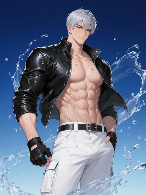 日系动漫风格健壮男性角色，深蓝渐变天空背景，极致细节描绘的发达肌肉线条，水珠飞溅的湿润质感，高光与阴影塑造的立体肌肉轮廓，黑色皮革战术手套，敞开的黑色机车夹克，露出紧致腹部，银色短发，锐利眼神，左手插兜的自信站姿，金属质感腰带扣，白色工装裤，动态水流特效环绕，高对比度色彩，细腻笔触刻画皮肤纹理，力量感与动感兼具的构图，男性荷尔蒙爆棚的氛围预览效果