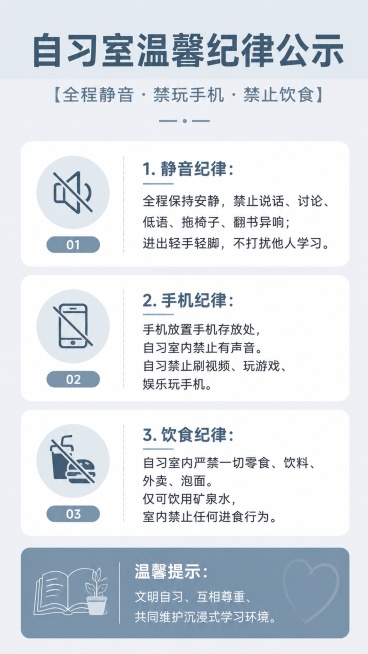 极简现代风自习室纪律公示海报，莫兰迪浅灰蓝色背景，卡片式分区配简约图标，风格干净简约。完整文案：主标题“自习室温馨纪律公示”，副标题“【全程静音・禁玩手机・禁止饮食】”，1. 静音纪律：全程保持安静，预览效果