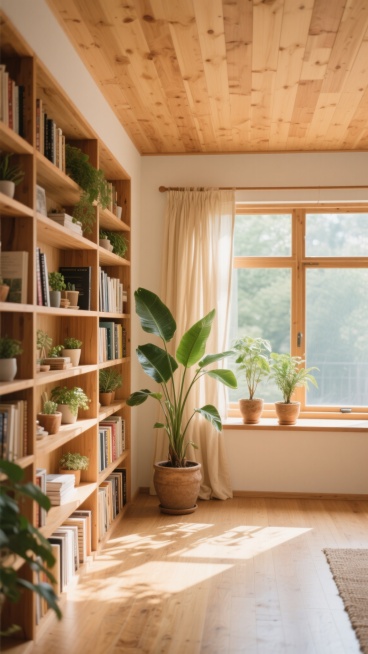 温馨明亮的室内背景，温暖的木质天花板与地板，左侧是高大的实木书架，摆满各类书籍、小型绿植和装饰品，右侧窗边悬挂着轻柔的米色窗帘，窗台上摆放两盆高大绿植，地面有一盆大型绿植，阳光透过窗户洒下斑驳光影，营造出自然、舒适、宁静的居家氛围，整体风格统一为温馨的原木风，光线柔和明亮，植物生机勃勃，空间布局通透自然。预览效果