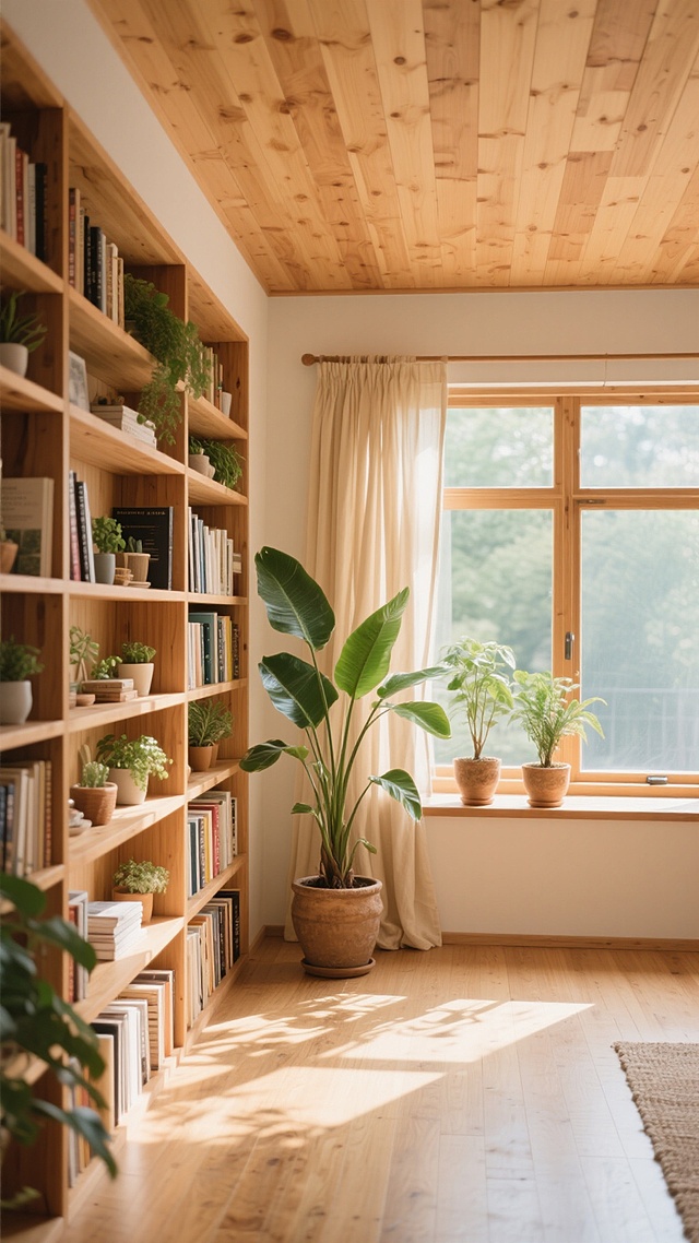 温馨明亮的室内背景，温暖的木质天花板与地板，左侧是高大的实木书架，摆满各类书籍、小型绿植和装饰品，右侧窗边悬挂着轻柔的米色窗帘，窗台上摆放两盆高大绿植，地面有一盆大型绿植，阳光透过窗户洒下斑驳光影，营造出自然、舒适、宁静的居家氛围，整体风格统一为温馨的原木风，光线柔和明亮，植物生机勃勃，空间布局通透自然。