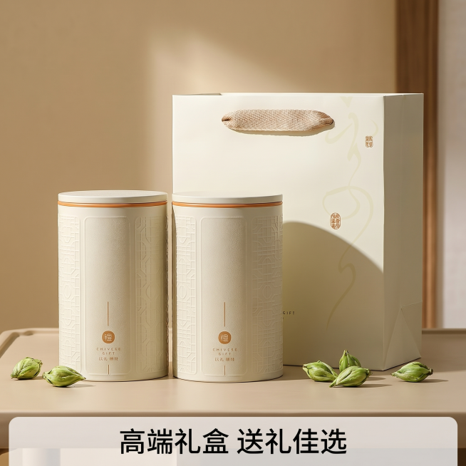[主图 5] 碧螺春茶叶礼盒整体包装展示；
[氛围风格] 高端送礼属性，精致大气；
[画质] 商业摄影质感、光线柔和通透、产品清晰真实、画面干净高级；
[元素] 双罐装茶叶搭配手提礼袋完整展示，放置在预览效果