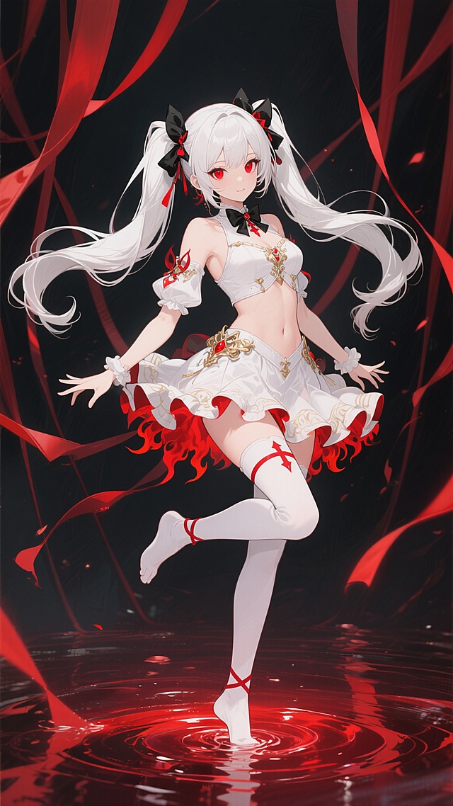 二次元动漫风格，一位白发双马尾少女，发饰有黑色蝴蝶结和红色装饰，眼眸为红色，面部表情略带妩媚与神秘。身着白色为主、红色和金色点缀的华丽服饰，上衣有露腰设计，裙摆层次丰富并带有红色火焰状边缘，白色长袜上有红色十字花纹和红色绑带。她单腿微微抬起，另一只脚踩在泛着红色光泽的水面上，双手自然垂落于身体两侧，姿态优雅灵动。背景为深色，有多条飘逸的红色绸带从上方垂下，环绕在少女周围，营造出神秘而华丽的氛围。整体画面色彩对比鲜明，光影效果突出，线条流畅细腻，具有强烈的视觉冲击力和动漫插画的精致质感。