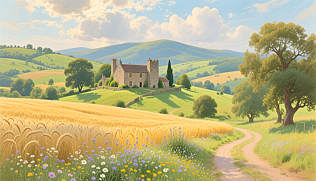 描绘乡村石屋与金黄麦田的插画场景，绿树成荫，小径蜿蜒，适合文旅旅游宣传或自然主题装饰